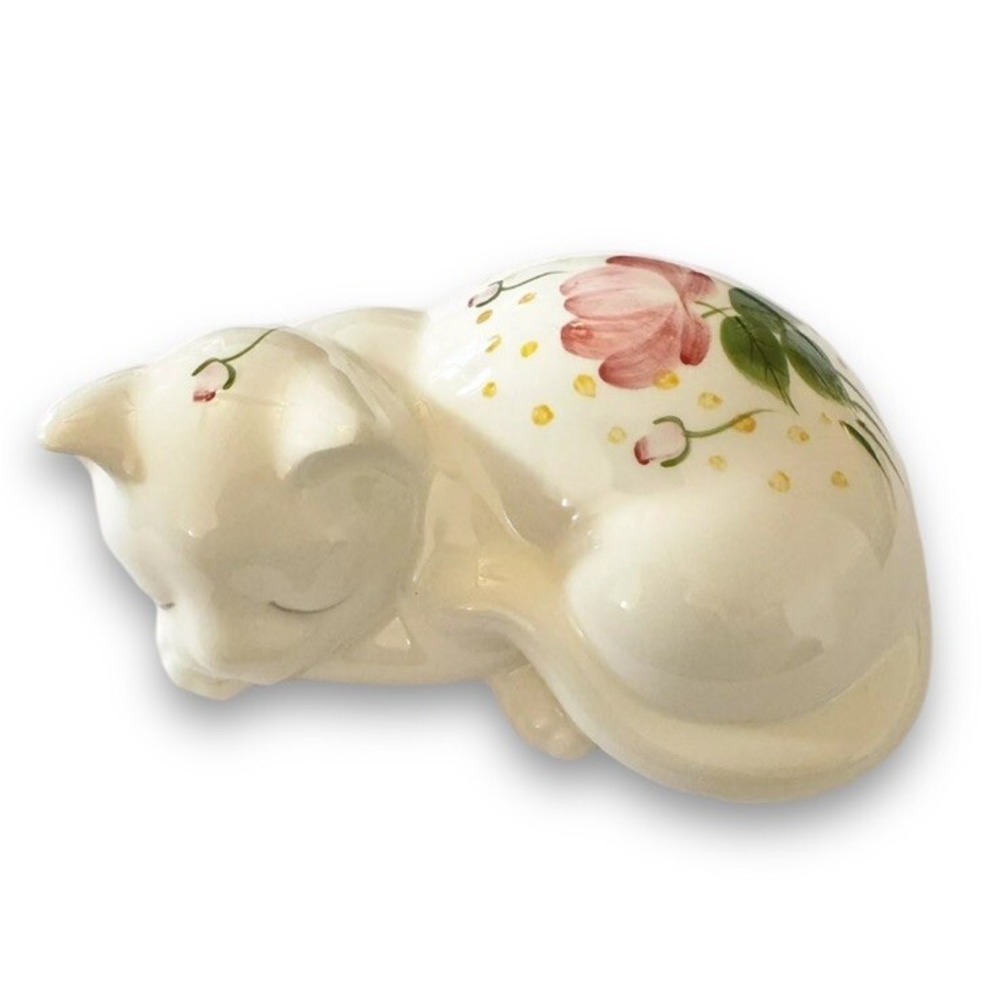 Vintage White Porcelain Sleeping Cat With Hand Painted Flowers Lasting Products